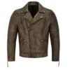 DISTRESSED BIKER SLIM FIT BROWN LEATHER JACKET