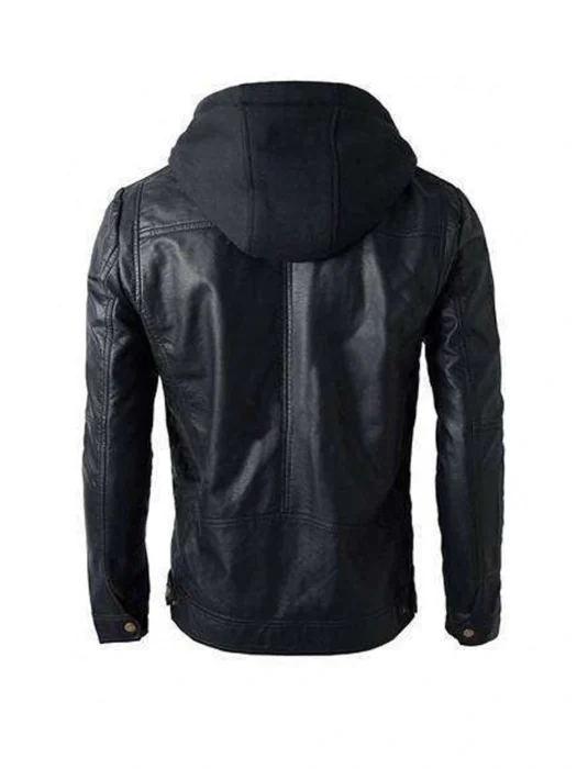 MEN’S BLACK HOODED BIKER LEATHER JACKET