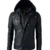 MEN’S BLACK HOODED BLACK BIKER LEATHER JACKET