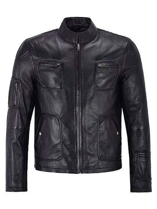 Men Biker Black Leather Jacket
