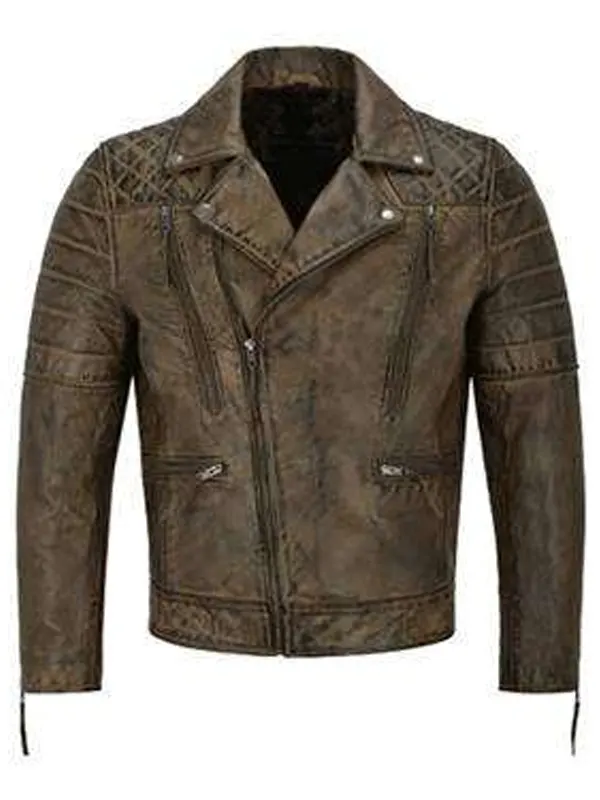 Mens Distressed Brown Leather Biker Jacket