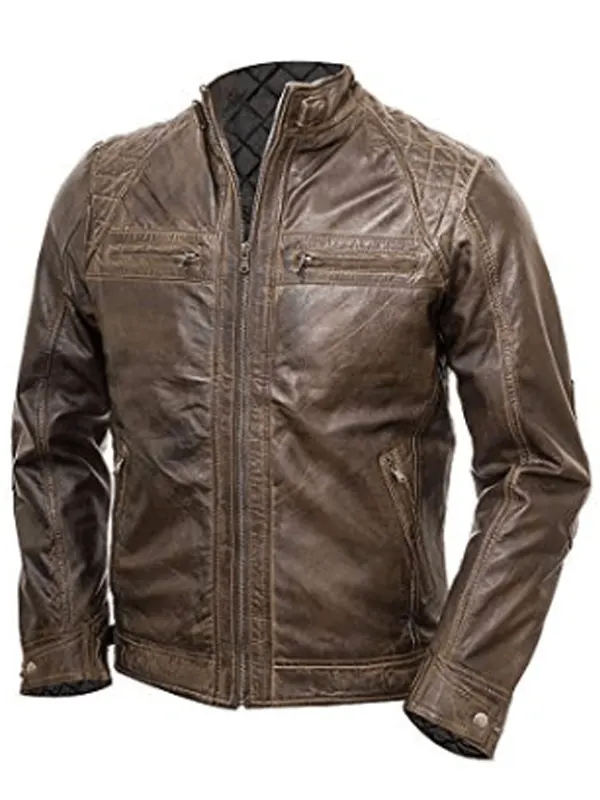 Mens Distressed Brown Waxed Leather Jacket