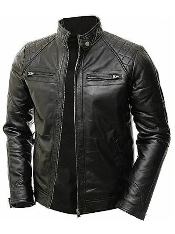 Mens Quilted Cafe Race Black Leather Jacket