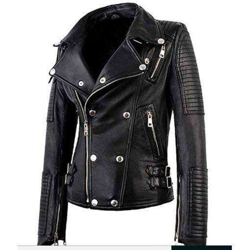 WOMEN BLACK BIKER GENUINE SHEEPSKIN LEATHER JACKET