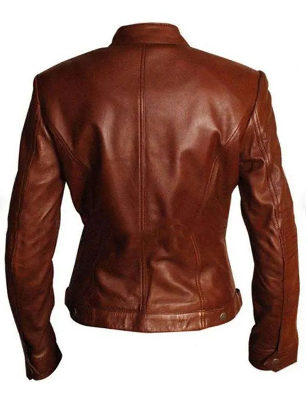 Women Brown Cafe Racer Leather Jacket Back