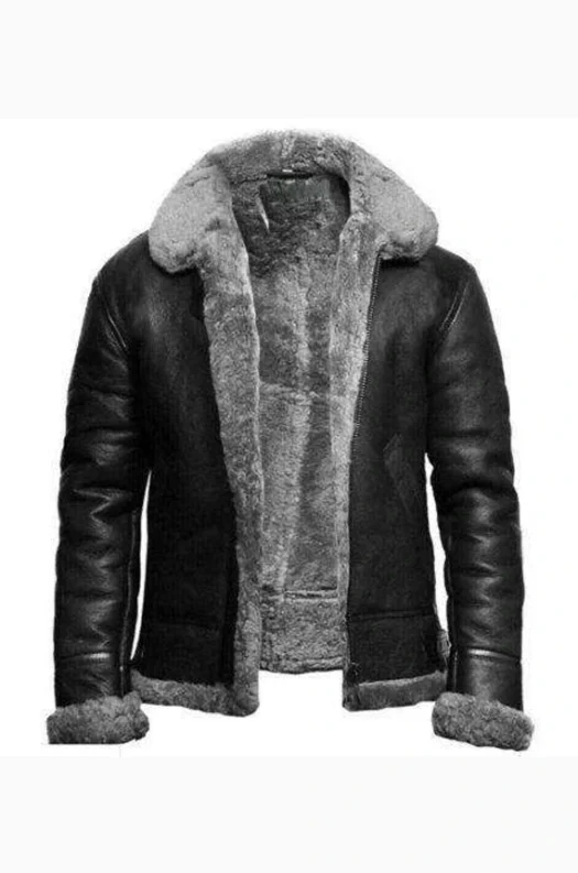 BLACK FUR COLLAR SHEARLING JACKET