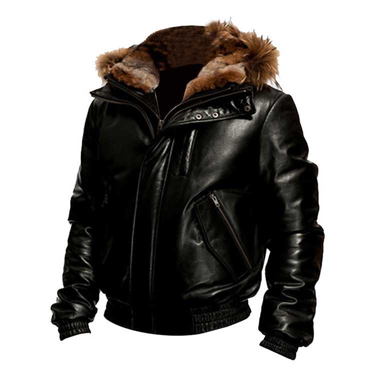 Black Hooded Bomber Leather Jacket Black Hooded Bomber Leather Jacket