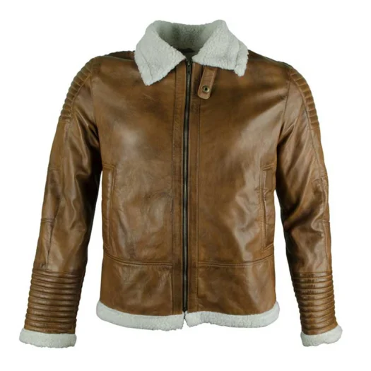 BROWN LEATHER BOMBER BELTED JACKET