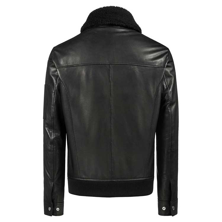 Black Bomber Fur Collar Real Jacket