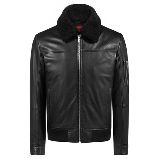 Black Bomber Fur Collar Real Leather Jacket