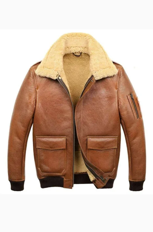 CAMEL BROWN AVIATOR FAUX SHEARLING LEATHER JACKET