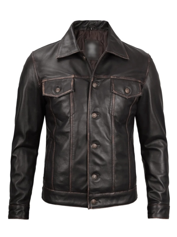 Dark Brown Leather Trucker Jacket