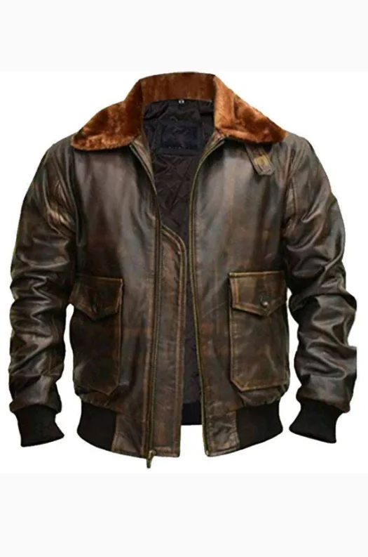 FUR COLLAR DISTRESSED LEATHER JACKET