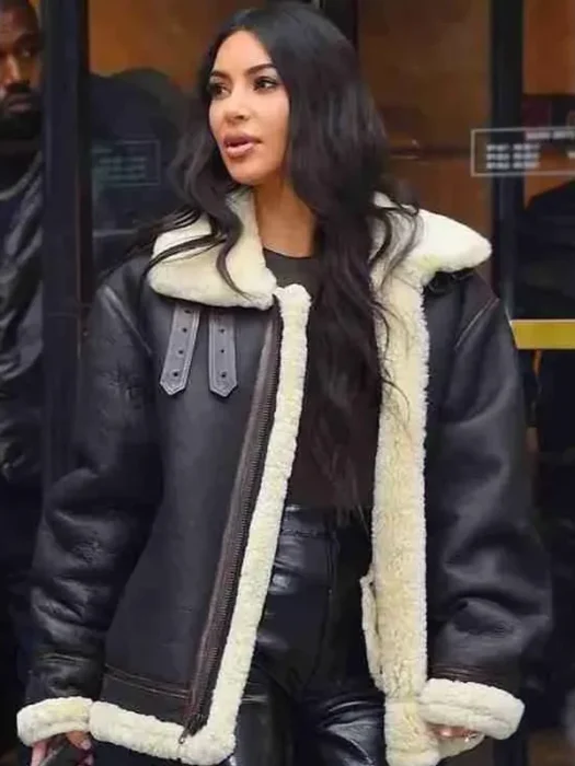 Kim Kardashian Shearling Black Leather Jacket