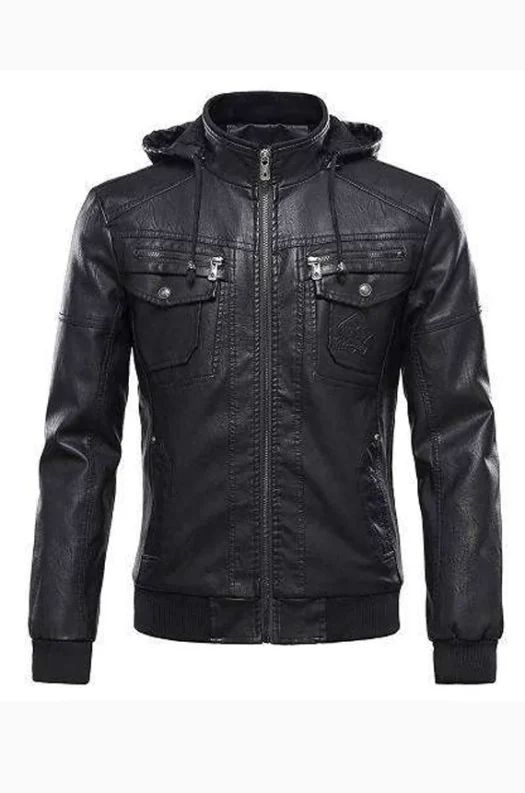 MEN’S BOMBER REMOVABLE HOOD LEATHER JACKET