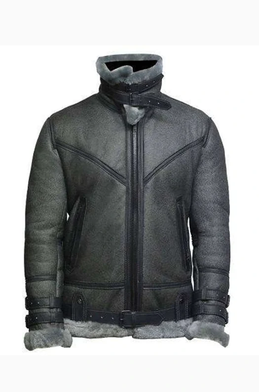 MEN’S GREY WAX LEATHER SHEARLING JACKET