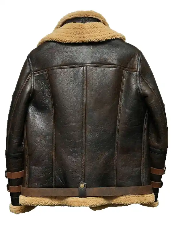 Mens Aviator Faux Brown Shearling Leather Jacket Back