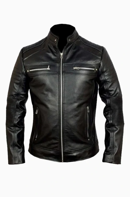 Mens Black Biker Cafe Racer Leather Jacket