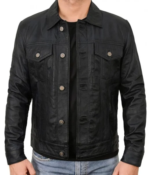 Mens Black Lambskin Trucker Jacket