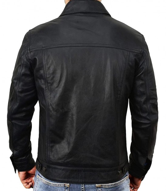 Mens Black Lambskin Trucker Leather Jacket