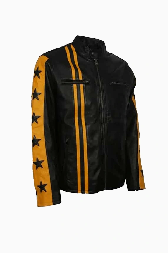 Mens Cafe Racer Yellow Star Black Jacket