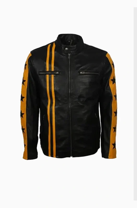 Mens Cafe Racer Yellow Star Black Leather Jacket