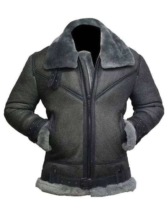 Mens Grey Wax Shearling Leather Jacket