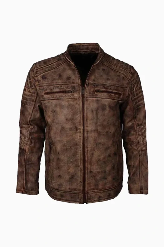 Mens Vintage Waxed Brown Café Racer Leather Jacket