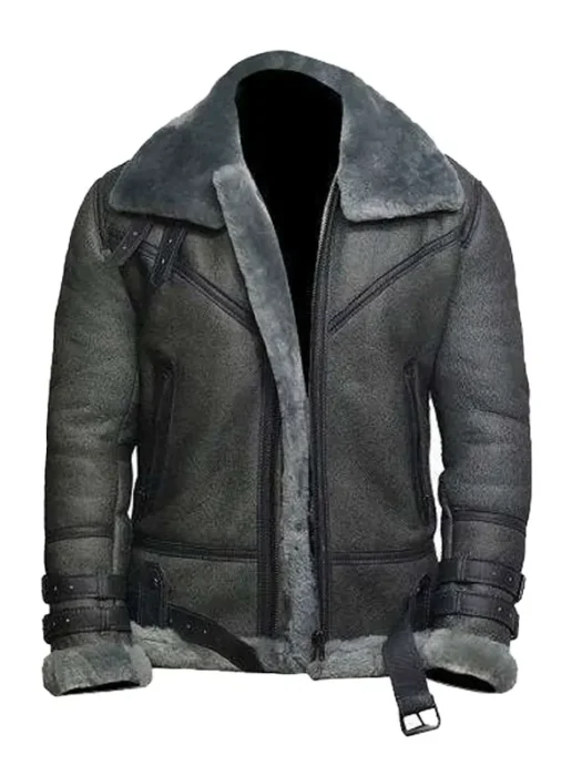 Mens Wax Fur Shearling Grey Leather Jacket