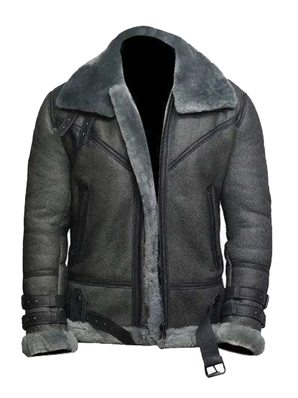 Mens Wax Fur Shearling Grey Leather Jacket
