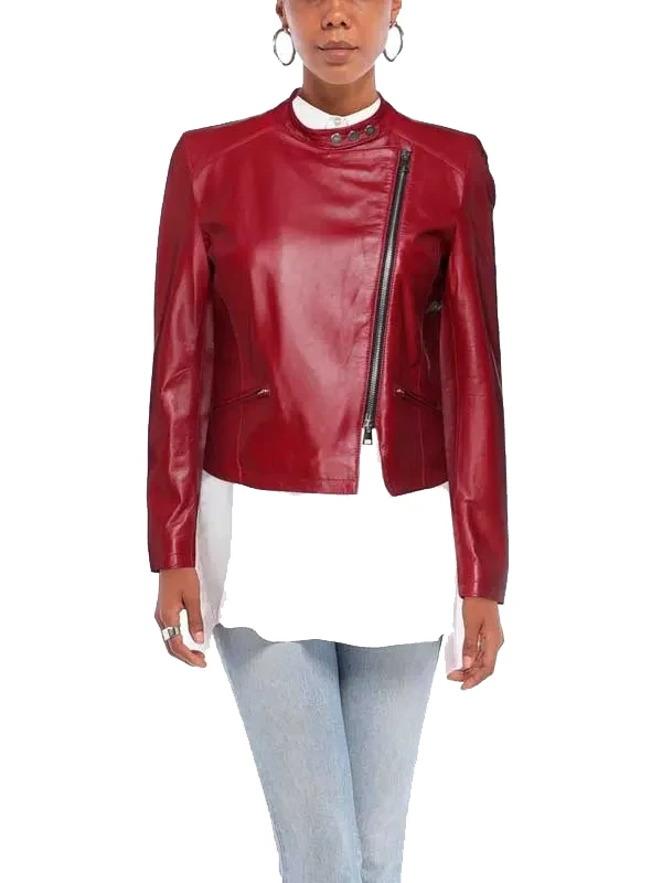 Red Slim-fit Leather Cafe Racer Jacket