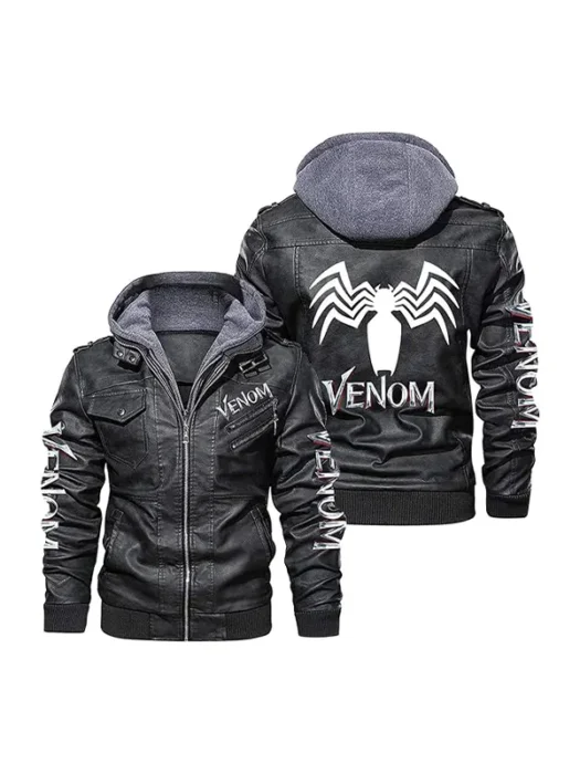 Venom Hooded Biker black Leather Jacket