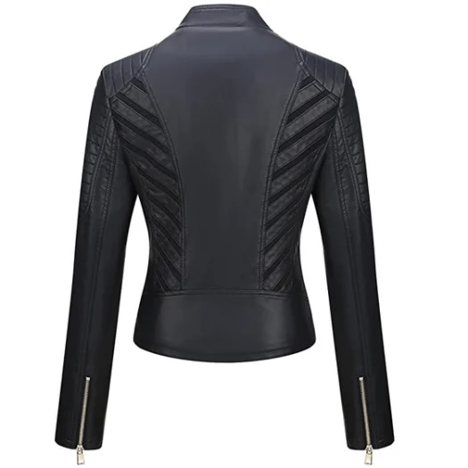 WOMEN BLACK BIKER ZIP CLOSURE REAL JACKET