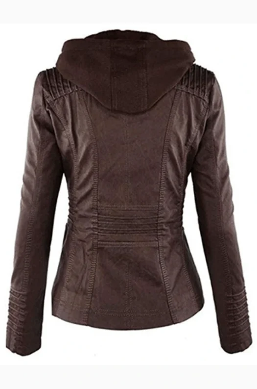 WOMEN HOODED BROWN BOMBER LEATHER JACKET