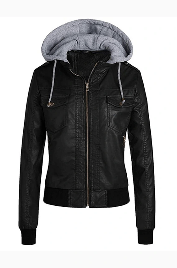 WOMEN’S BLACK BOMBER REMOVABLE HOOD JACKET