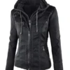 WOMEN’S SLIM FIT BOMBER LEATHER HOODED JACKET