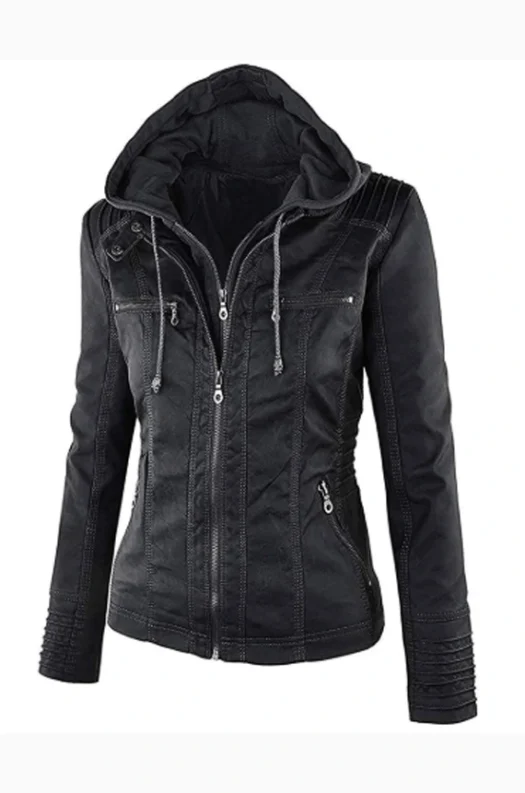 WOMEN’S SLIM FIT BOMBER LEATHER HOODED JACKET