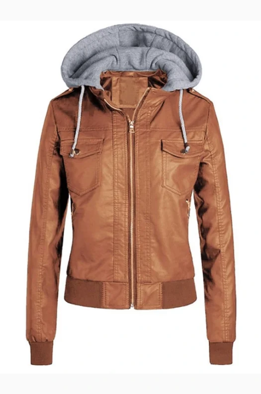 WOMEN’S TAN BROWN REMOVABLE HOOD BOMBER JACKET