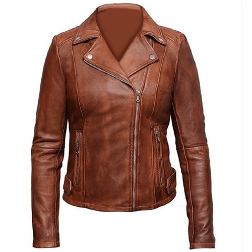 WOMEN’S TAN BROWN VINTAGE BIKER LEATHER JACKET