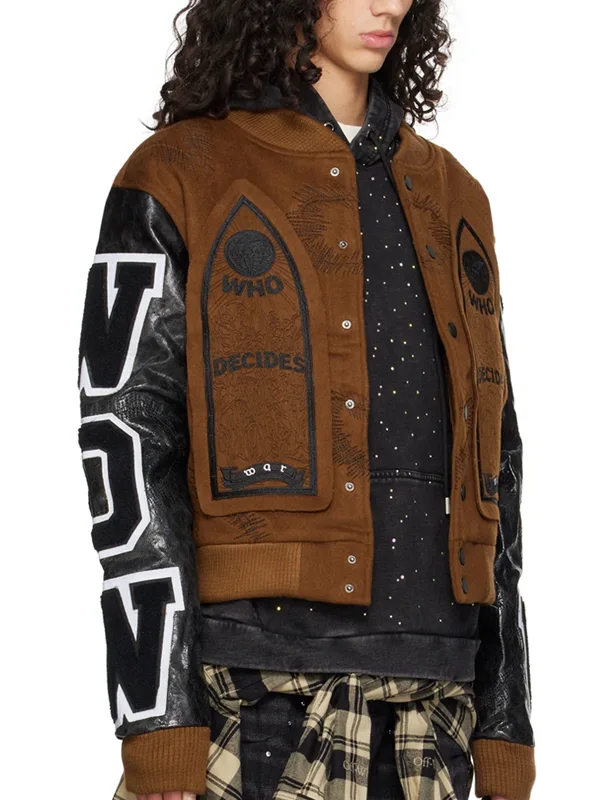 Who Decides War Brown Namesake Varsity Bomber Jacket