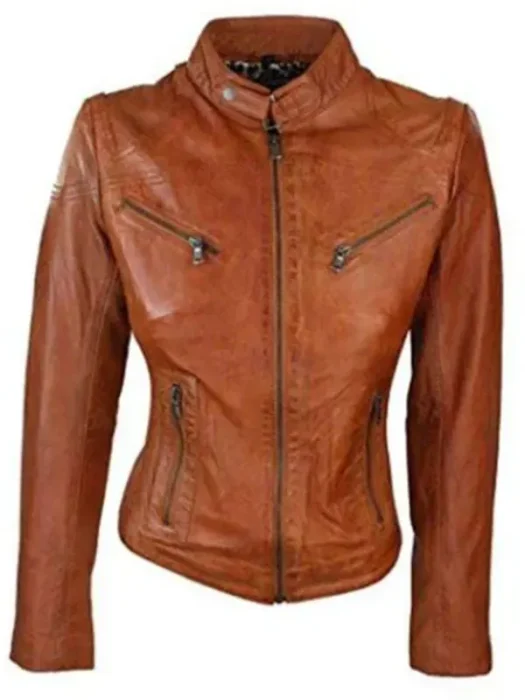 Women Brown Biker Motorcycle Leather Jacket