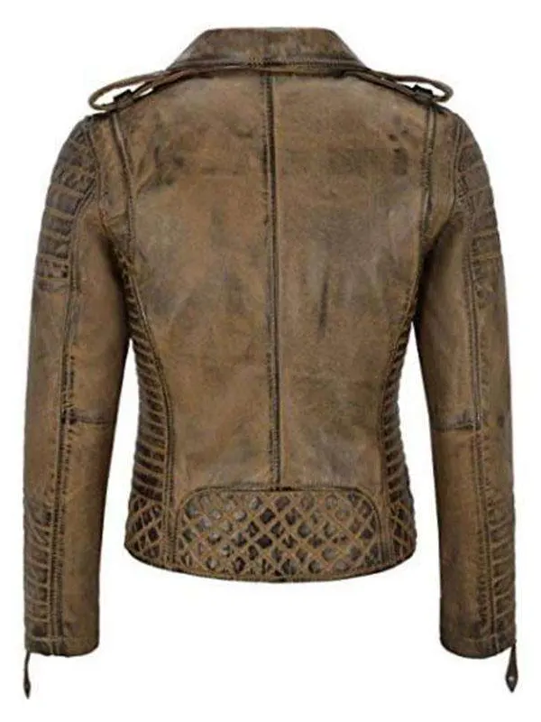 Women Distressed Brando Leather Jacket back