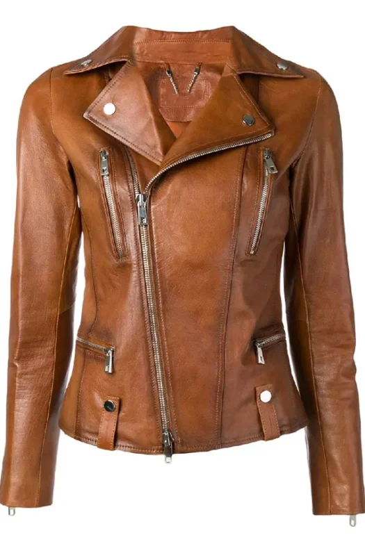 Women Moto Biker Waxed Leather Jacket