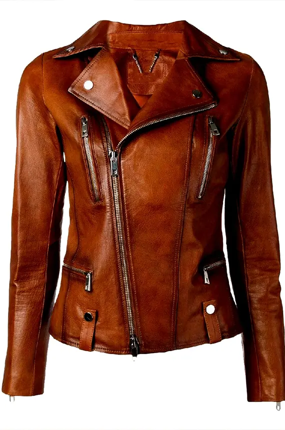 Women Waxed Biker Leather Jacket