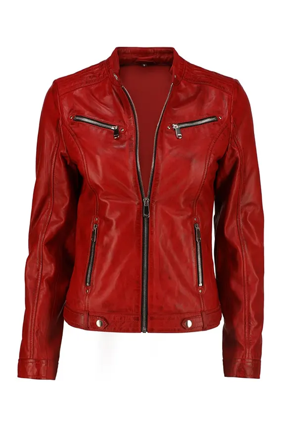 Womens Biker Red Leather Jacket