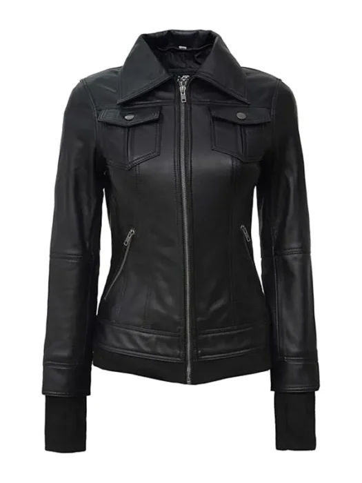 Womens Black Bomber black Leather Jacket