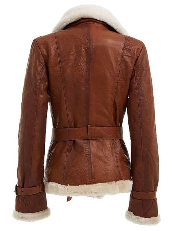 Women’s Double Breasted Brown Shearling Leather Jacket