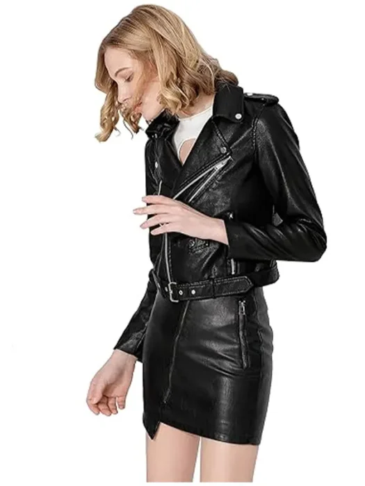 Womens Faux Leather Textured Short BikerJacket