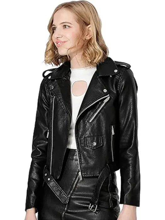 Womens Faux Leather Textured Short Moto Jacket