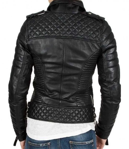 Womens Petite Quilted Black Leather Jacket